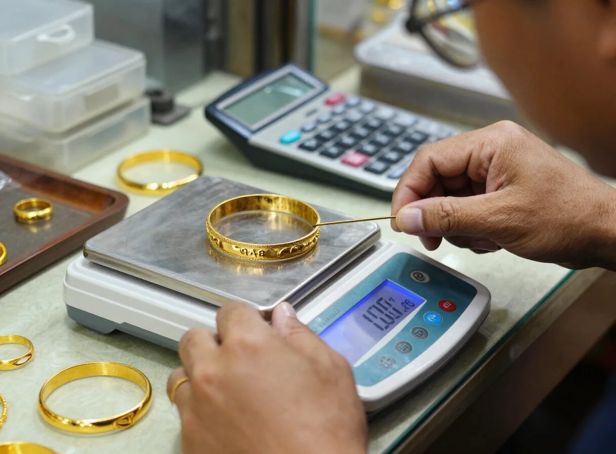 Hình 02 — Thẩm định vàng công khai, cân đo trước mặt khách hàng